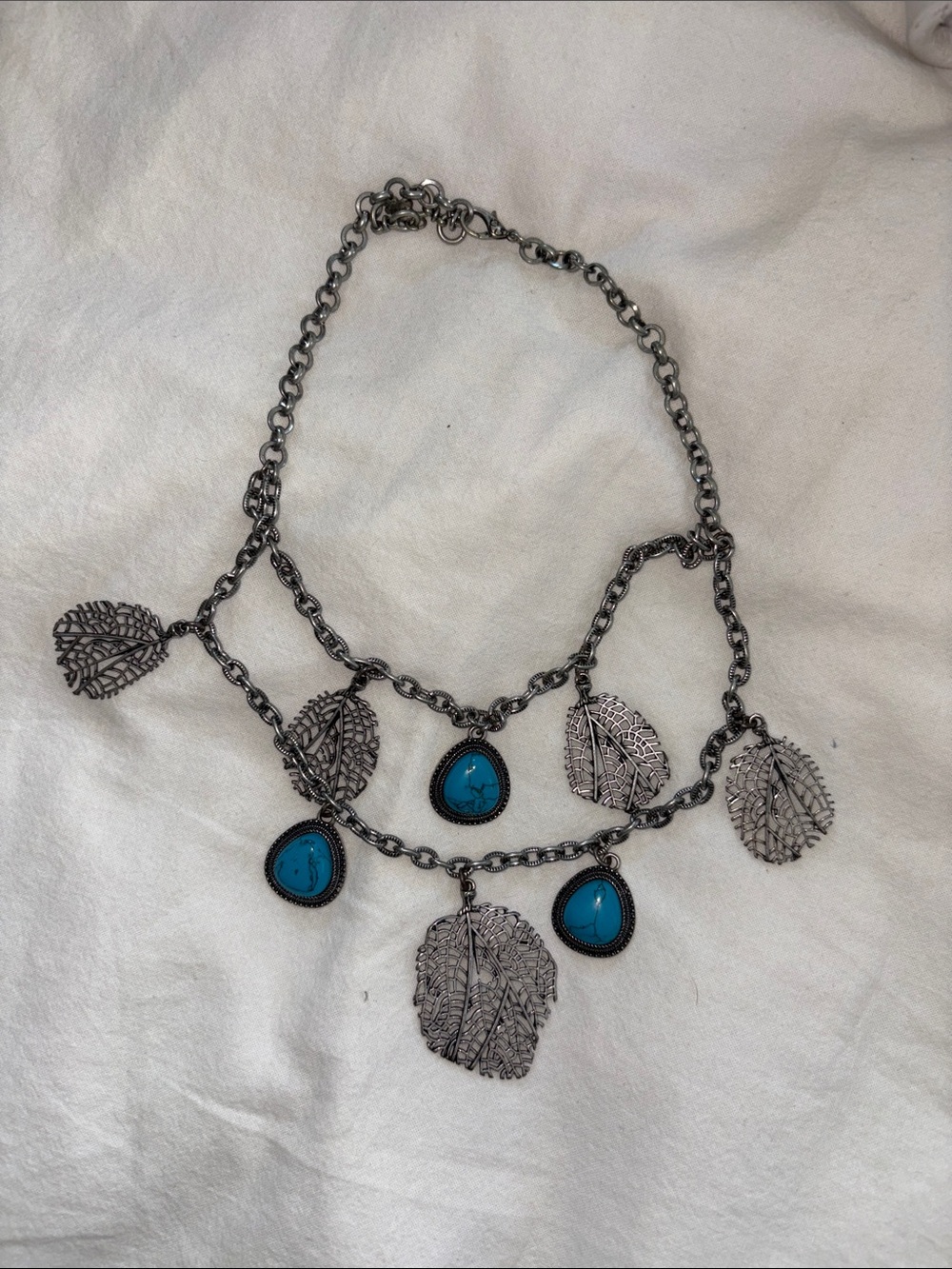 Silver Leaf & Turquoise Teardrop Charm Necklace - Women Jewelry